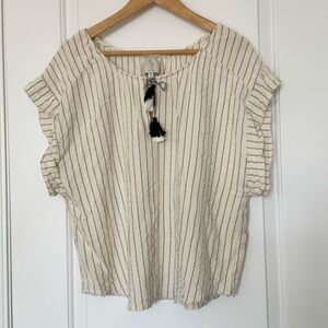 JOIE Short Sleeve Tie Neck Creme and Black striped Top, Cotton Rayon blend, XL